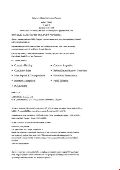 entry level sales professional resume template template