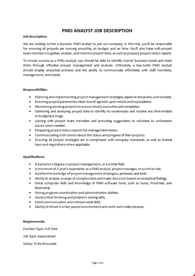 pmo analyst job description template