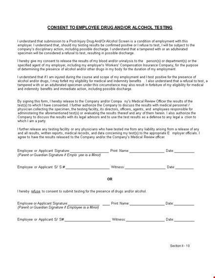 employee drug alcohol test consent form | company medical testing template