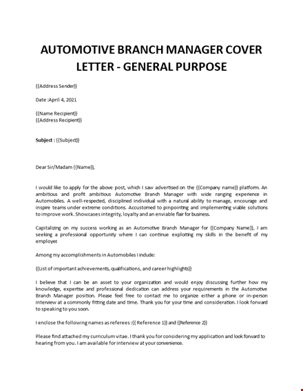 branch manager cover letter automotive template