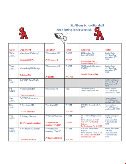 spring break schedule template - organize your highway adventures in lauderdale! template