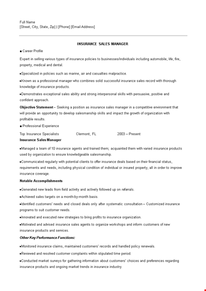 insurance sales executive resume template