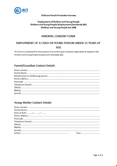 employment parental consent form template for young workers template