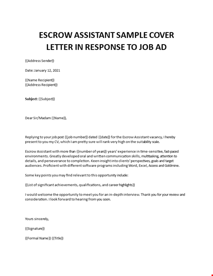 escrow assistant advertising cover letter template