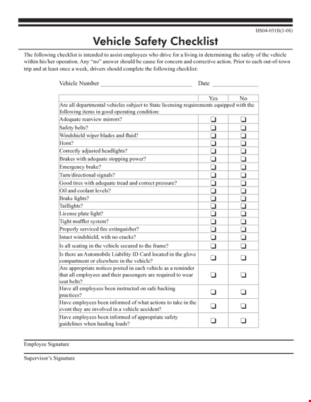 vehicle safety checklist template template