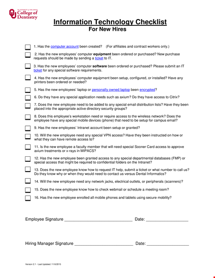 employee computer checklist template for special access template