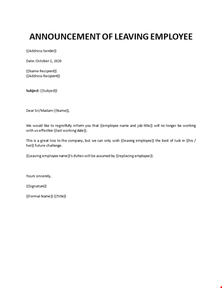 announcement of resigning employee letter  template