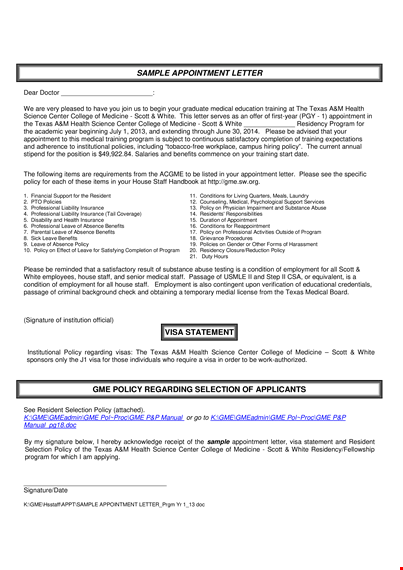 sample doctor appointment letter template