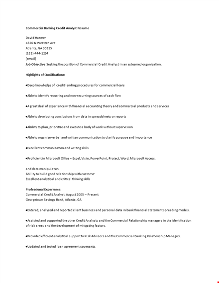 commercial banking credit analyst resume template