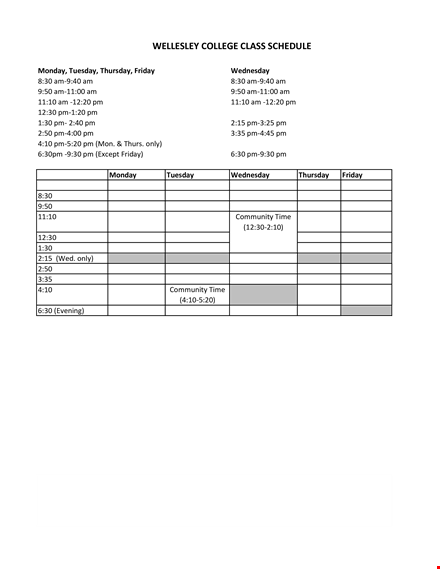 weekly college class schedule template
