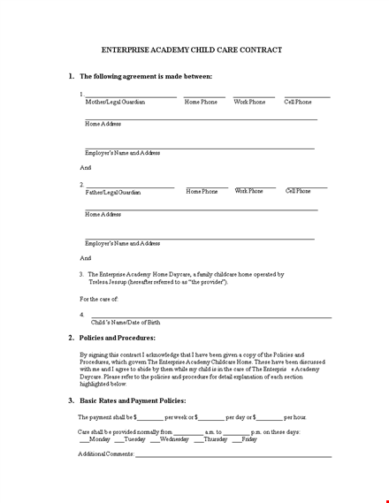 daycare contract for child | provider, parent, guardian | effective agreement template