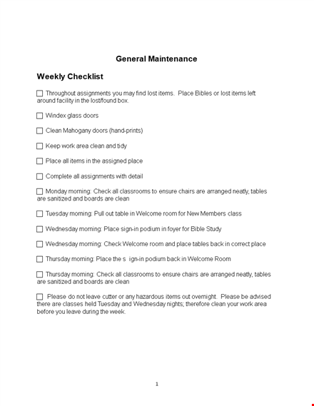 general maintenance weekly checklist template