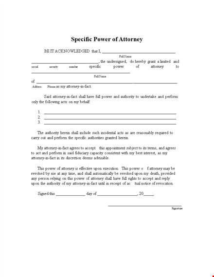 specific power of attorney form template