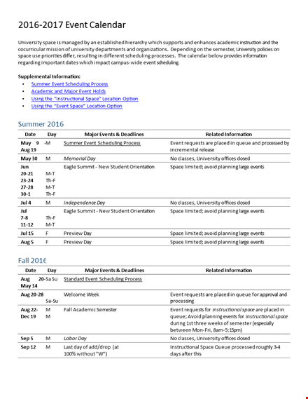 event planning calendar template - university events & space template