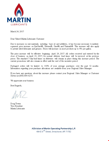 price increase letter - communicating increase to customers | martin lubricants template