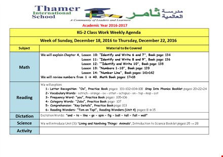 weekly agenda template for class work - reading pages - december template