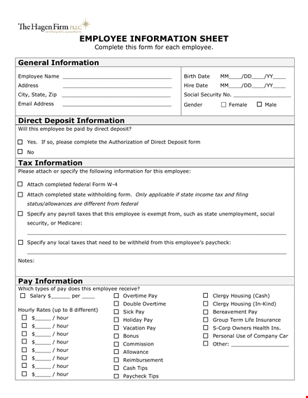 employee information sheet template template