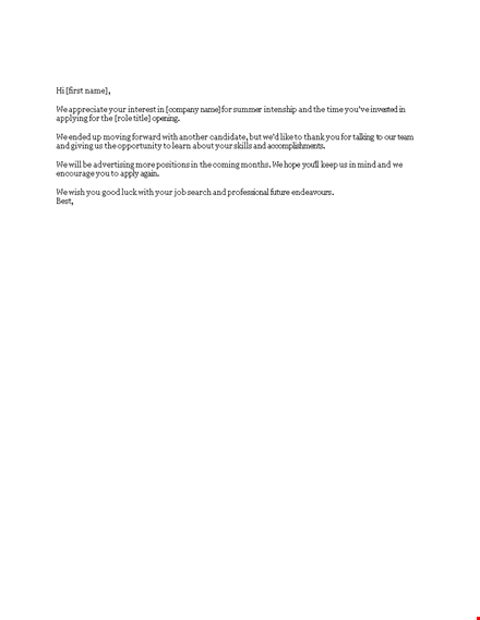 summer internship rejection template