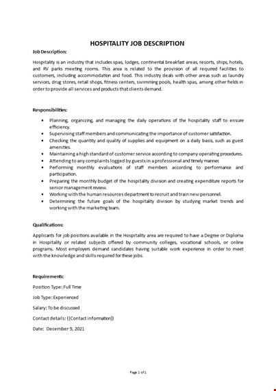 hospitality job description template