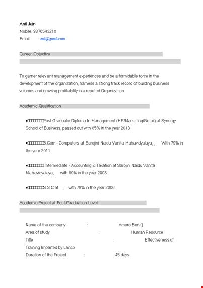 mba fresher resume sample, training at amero organization template