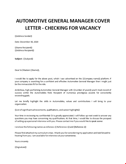 automotive general manager cover letter template