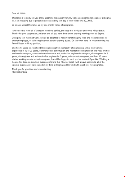 sub contractor resignation letter template