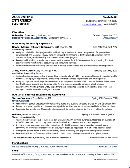 sample accounting internship resume template