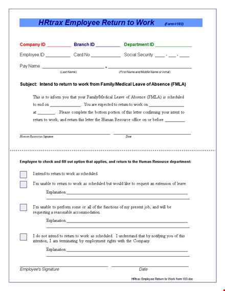 return to work form for employees - scheduled return template