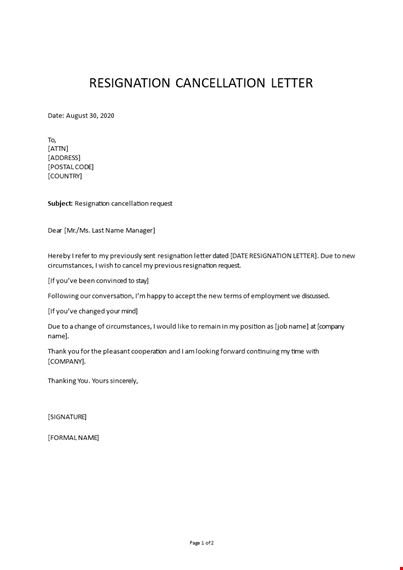resignation cancellation request letter template