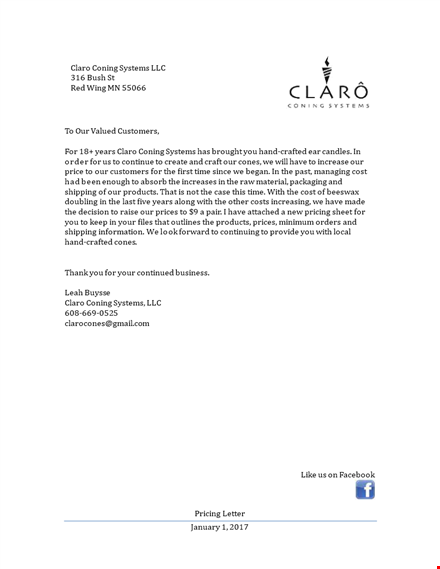 price increase letter for systems and customers - claro and coning template