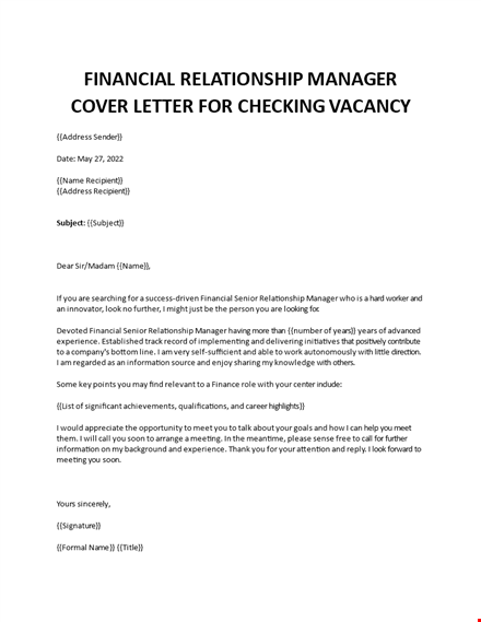 financial relationship manager cover letter template