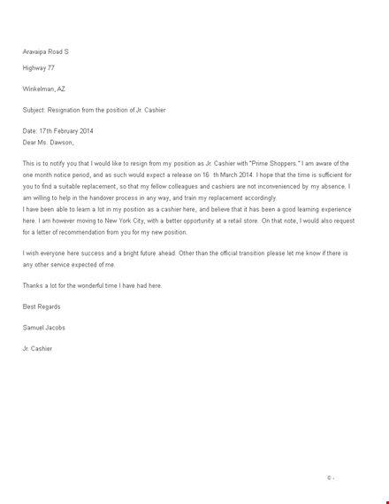 cashier resignation letter format template