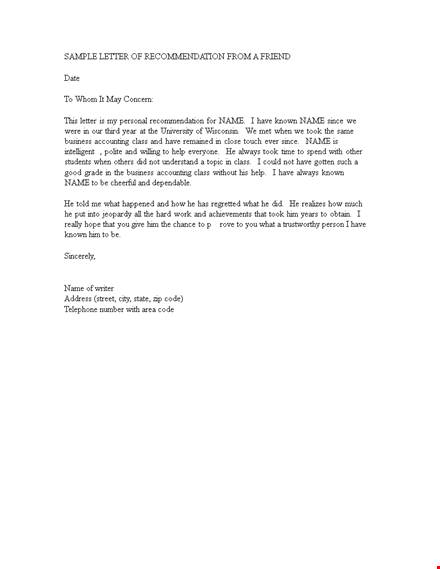 download sample recommendation letter from a friend - pdf | letter for a known classmate template