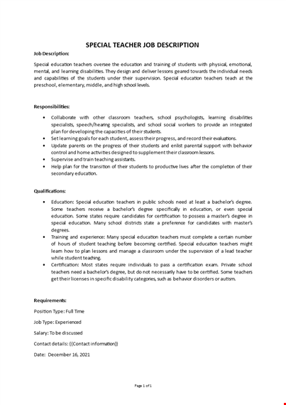 special teacher job description   template