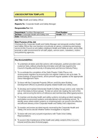 corporate safety and health management: job description template template