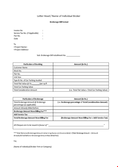 house brokerage receipt - calculate the total amount and brokerage value template