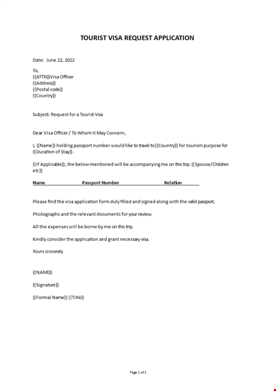 tourist visa request letter template