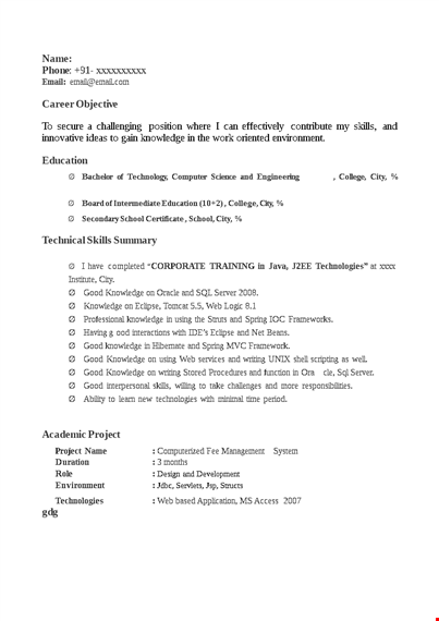 free java fresher resume template