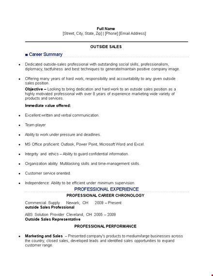 outside sales job resume template