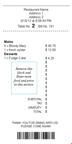 printable restaurant sales receipt template