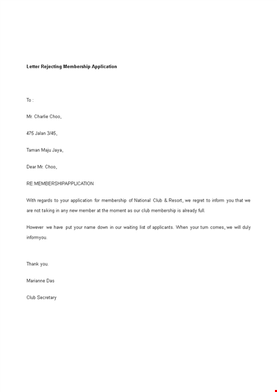 formal membership rejection template