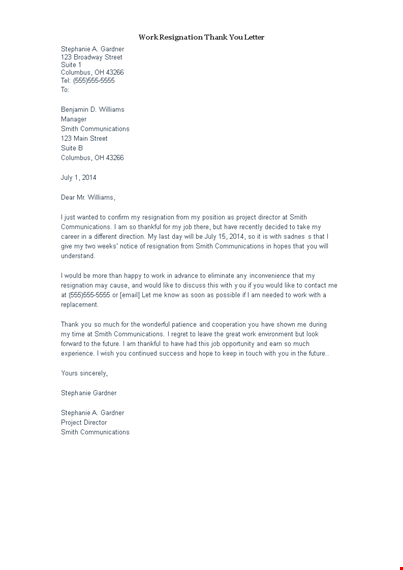 work resignation thank you letter example template