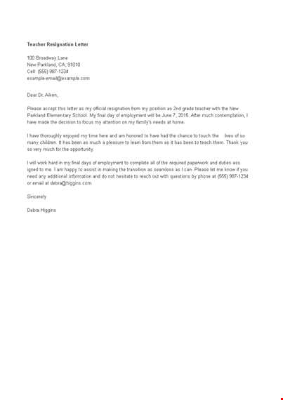 teacher resignation letter template template