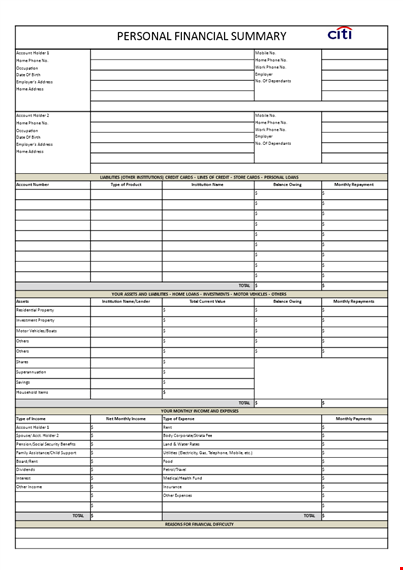 personal financial statement template template