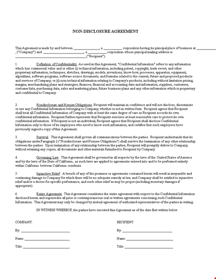 confidentiality agreement template for company and recipient information template