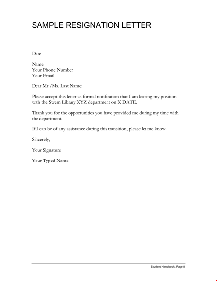 resignation letter format for students in library employment template