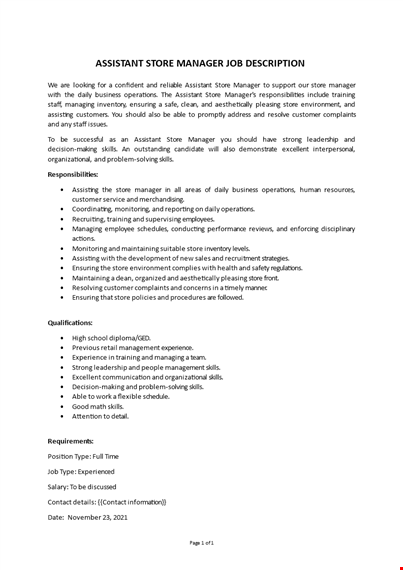 assistant store manager job description template