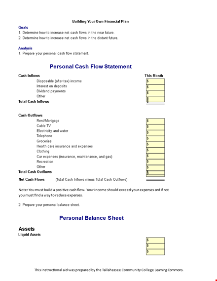personal cash flow statement template