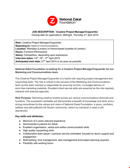 creative copywriter job description - marketing, project, and communication skills template