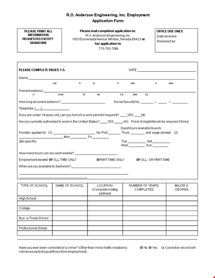 engineering job application form: company, application, employment, please template